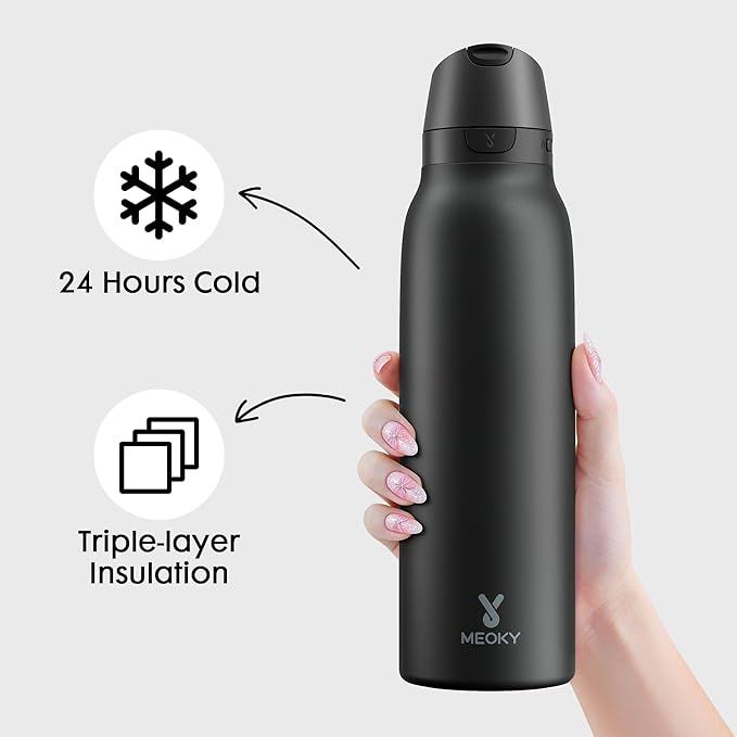 Meoky 24 oz Slim Insulated Water Bottle: 2-in-1 Locking Lid, Night | Leak Proof, Straw and Spout, 24 Hours Cold, Top Handle, BPA Free, Stainless Steel Water Bottle for Men Sports Travel Gym