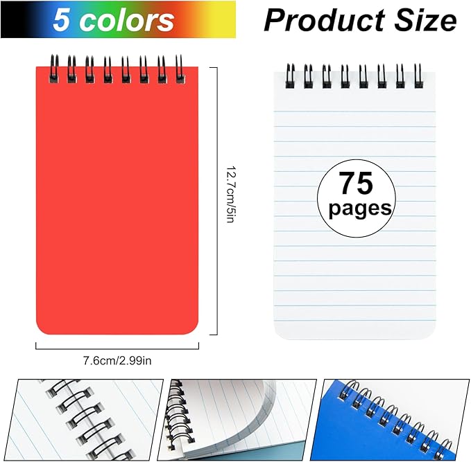 Fantasyon Top Bound Memo Books 3" x 5" Pocket Notebook Spiral Memo Pads For Home, Office, College, School，Lined College Ruled Paper，75 Sheets Per Notebook (10 Pack) (A7)