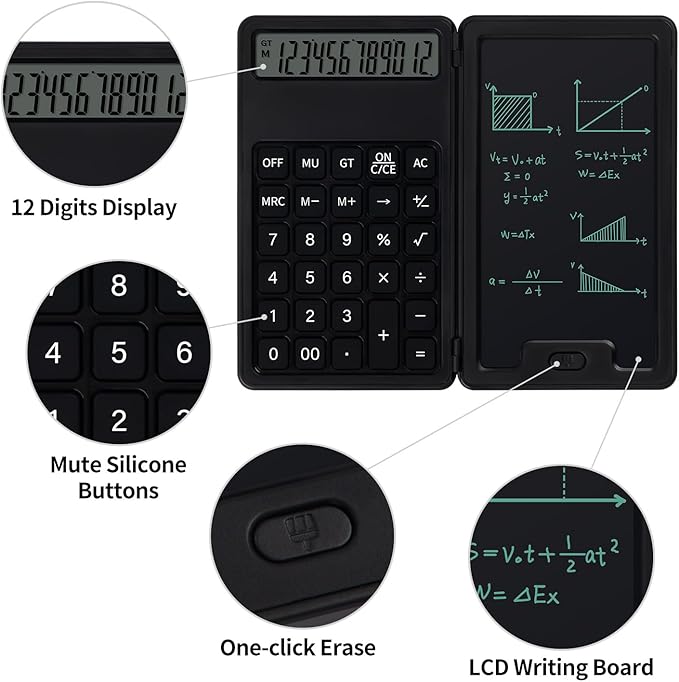 Desk Portable Basic Calculator, Small Mini Calculators with Writing Notepad and Stylus, More Lightweight and Portable, 12Digit Large Display Multi-Function for Office, School, Home & Financial (Black)