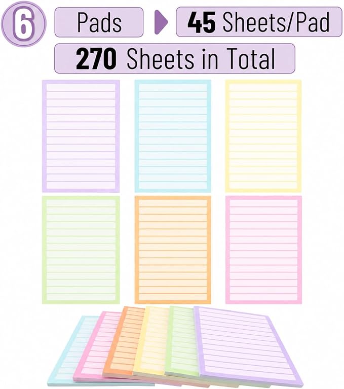 Mr. Pen- Lined Sticky Notes, 4" x 6", 6 Pads, 270 Sheets