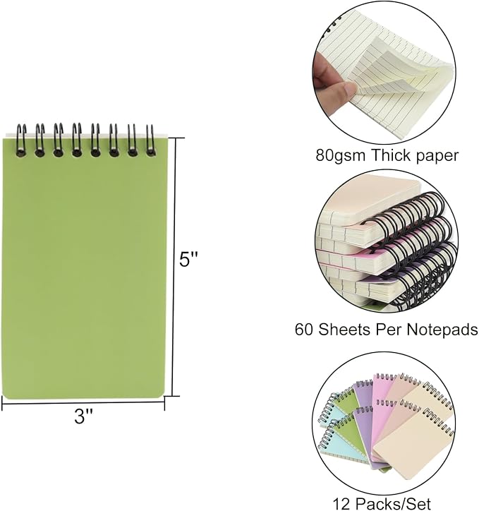 12 Pack Pocket Notebooks, 3x5 Small Notepads, Mini Spiral Notebooks, 60 Sheets/120 Pages,Lined College Ruled Paper, Memo Pads for Home, Office, School or Travel (Colorful)