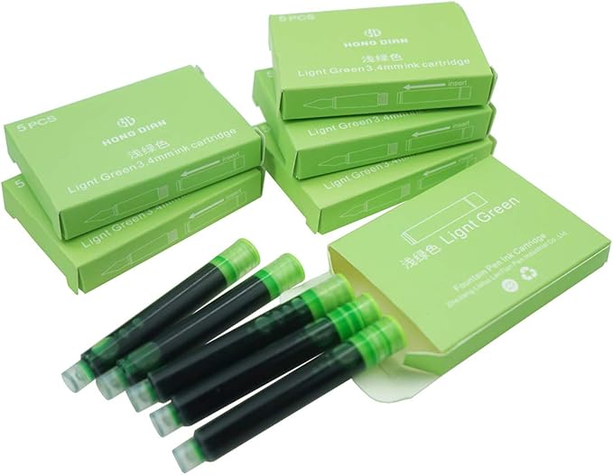 Asvine Fountain Pen Ligth Green Ink Cartridges, Set of 30 Refill Ink Cartridges, 3.4 mm Bore Diameter