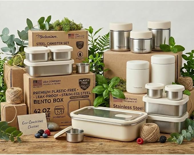 Modaniam Flexibento -Stainless Steel Lunch Box 47 OZ Set,Bento Box, Stainless Steel Lunch Containers, Leak proof Metal lunch Box, 1 * 47 OZ+ 1 * 6.5 OZ,Vanilla-47 OZ+ 6.5 OZ set