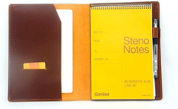 Leather Cover Compatible With 6" x 9" Spiral Steno Pads, Steno Notes 6" x 8.8" Spiral Notebooks Distressed Genuine A5 Leather Cover with Pen Loop Brown