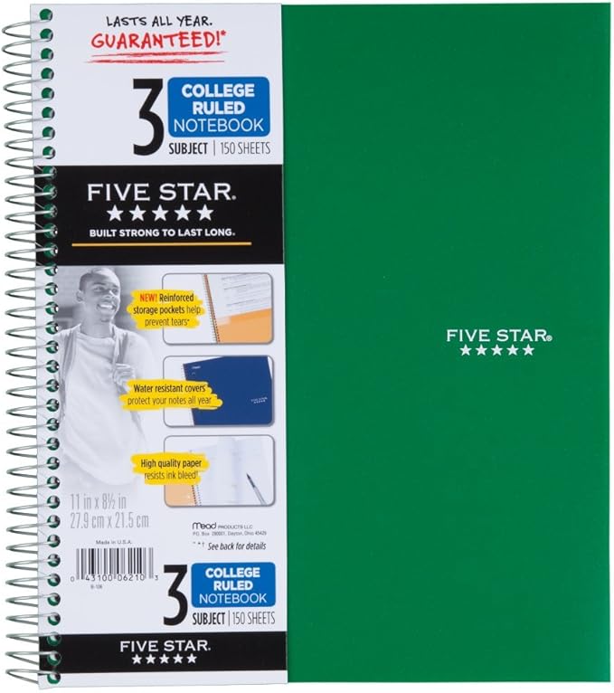 Five Star 06210 Wirebound 3-Subject Notebook, College Rule, 11 x 8 1/2, 150 Sheets, Assorted (Pack of 2)