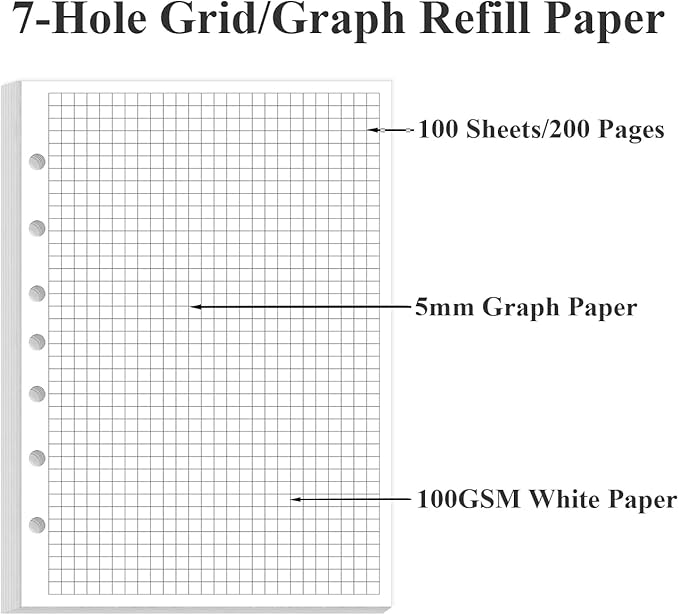 A5 Grid Refill Paper, 7-Hole Graph Paper, 100Sheets / 200Pages Loose-Leaf Grid Paper, 100gsm White Paper, 5.8" x 8.3 "