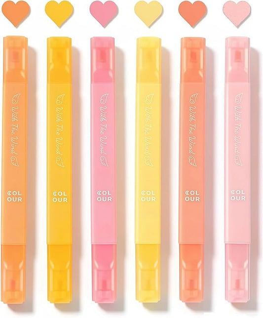 konket 6Pcs Aesthetic Cute Highlighters with Soft Chisel Tip, Double Ended Highlighter, Quick Dry Assorted Colors Highlighters Markers for School Supplies and Office Journaling