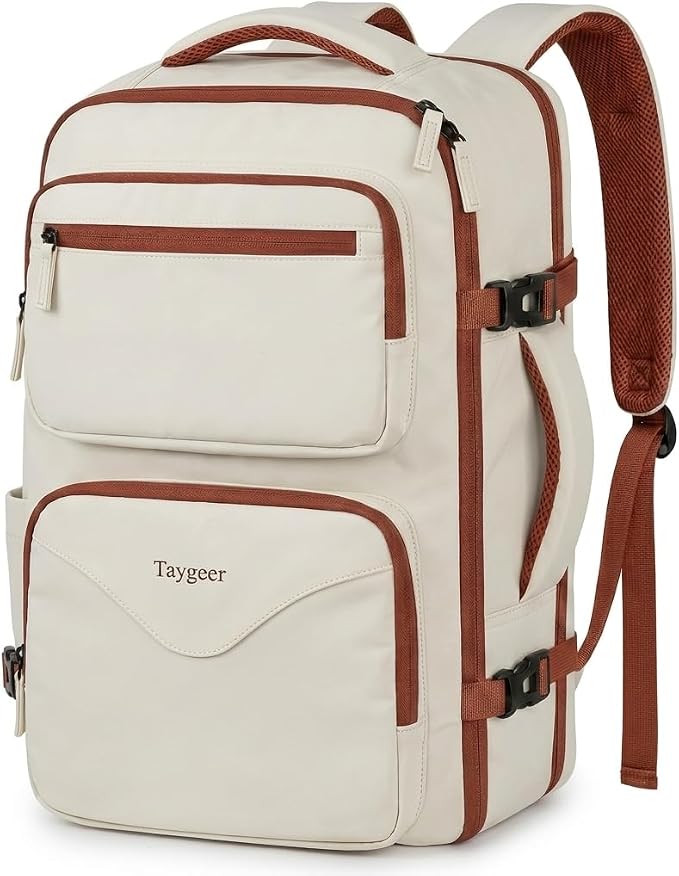Taygeer TSA Approved Under Seat Backpack, 35l College Backpack for Women | Personal Item Bag for Airplanes Fits 15.6 Inch Laptop, Travel Bag with Water Bottle Pocket & Shoe Pouch, Khaki White