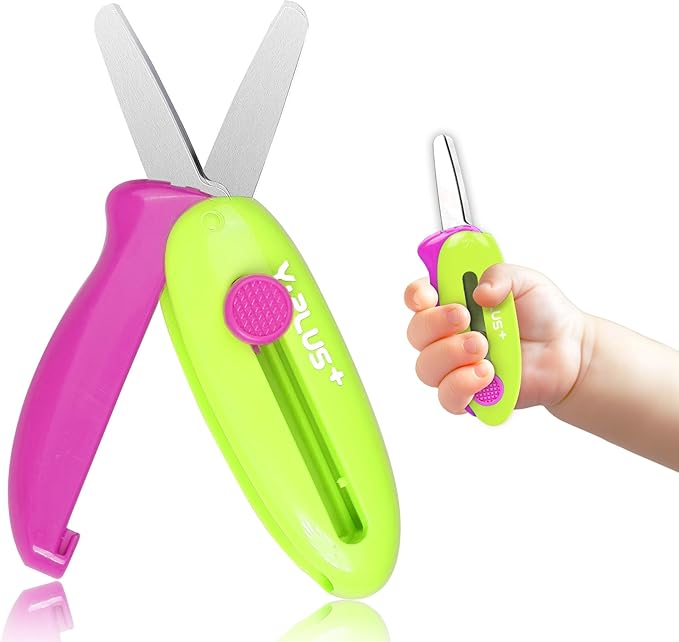 Safety Scissors for Kids, Retractable Small Scissors for Toddler Craft Ages 3-5 2-4 1-3, Cute Toddler Craft Preschool-Green