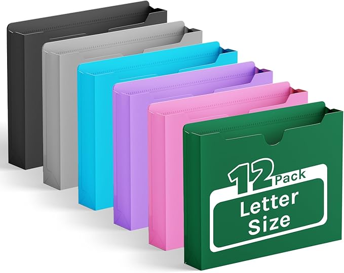 Ansook Plastic Manila File Jackets Letter Size,12 Pack Expanding Manila File Folders, Reinforced Straight Cut Tab,Heavy Duty 2" Expansion Manila Pocket Folders,Poly File Jacket Folders for Office,Home