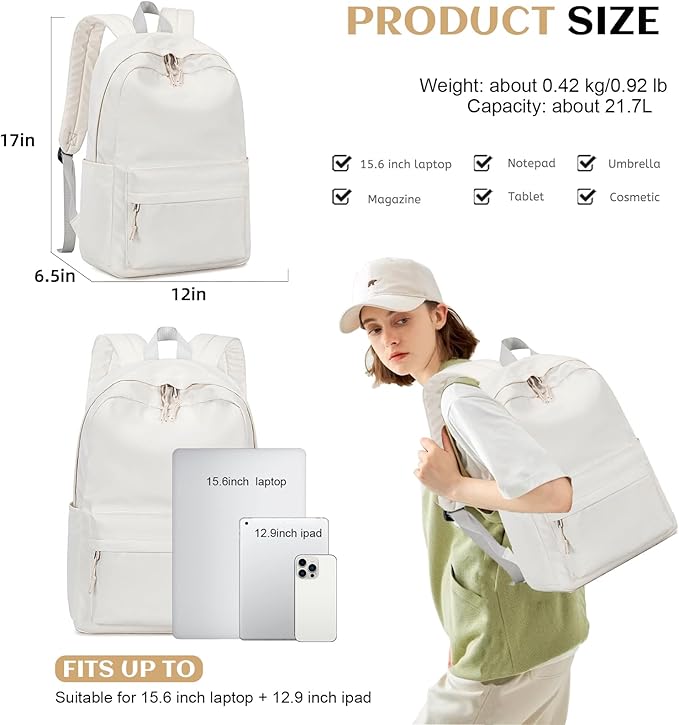 Bluboon School Backpack for Teen Girls Women Laptop Backpack College Bookbags Middle School Travel Work Commuter Back Pack(Solid Beige)
