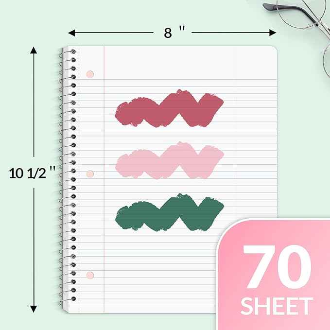 SUNEE Spiral Notebooks, 3 Pack, 1-Subject, College Ruled Paper, 8" x 10-1/2", 70 Sheets per Notebook, Assorted Colors Spiral Notebooks for School (Cherry, Pink, Green)
