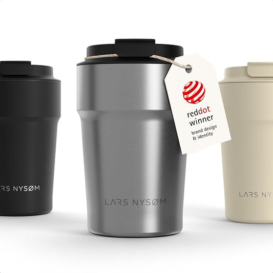 LARS NYSØM Thermo Coffee Mug to go 13oz | Travel Mug 0.38 Liter with Insulation | Silicone grip base | Leak Proof Stainless Steel Tumbler for Coffee and Tea on the Go (Powder Steel, 13oz)