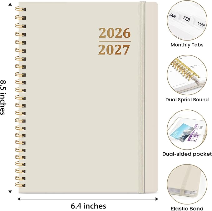 Academic Planner 2026-2027, Weekly and Monthly Calendar Planner Book, July 2026 – June 2027, Hardcover Organizer with Tabs, Perfect for Teachers, Students, Women & Men, A5 (6.4" x 8.5") - Beige