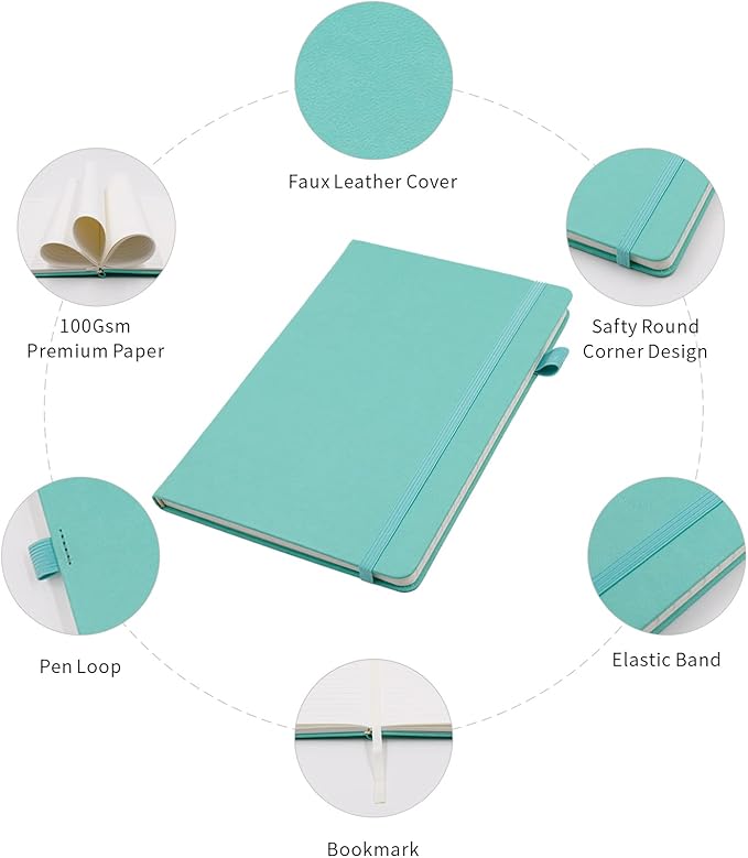 Lined Journal Notebooks with Pen Loop, Hardcover Notebook Journal for Work, 100Gsm Premium Thick Paper with Inner Pocket, Medium 5.7"x8.4", （Cyan, Ruled）
