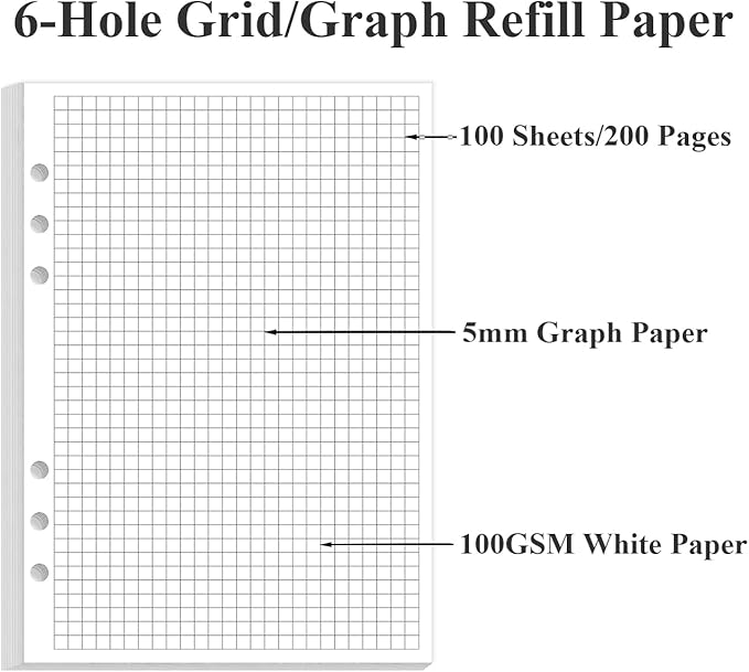 A5 Grid Refill Paper, 6-Hole Graph Paper, 100Sheets / 200Pages Loose-Leaf Grid Paper, 100gsm White Paper, 5.8" x 8.3 "