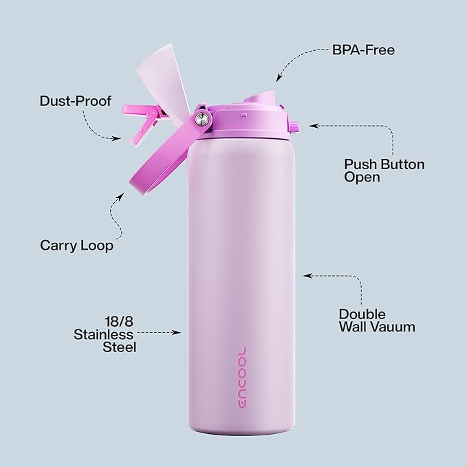 Insulated Water Bottle with Straw - Encool Stainless Steel Water Bottle with Push Button Lid, Leak-Proof & BPA-Free, Keeps Cold for 24 Hours for Sports, Travel, Gym (32 oz, Thistle-Fuchsia)