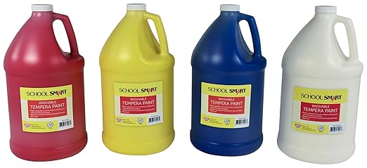 School Smart Washable Tempera Paints for School and Arts and Crafts Use, One Gallon Each, Assorted Primary Colors, Set of 4