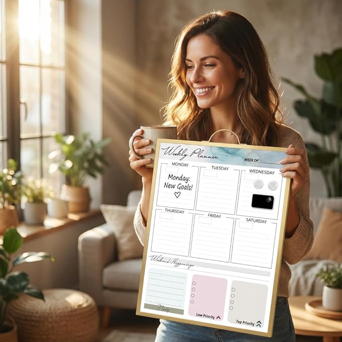 Magnetic Dry Erase Board 12x16 with Handle, Double Sided Portable Gold Whiteboard for Home, Office, School & Kitchen, Includes Weekly & Monthly Magnetic Planner Sheets