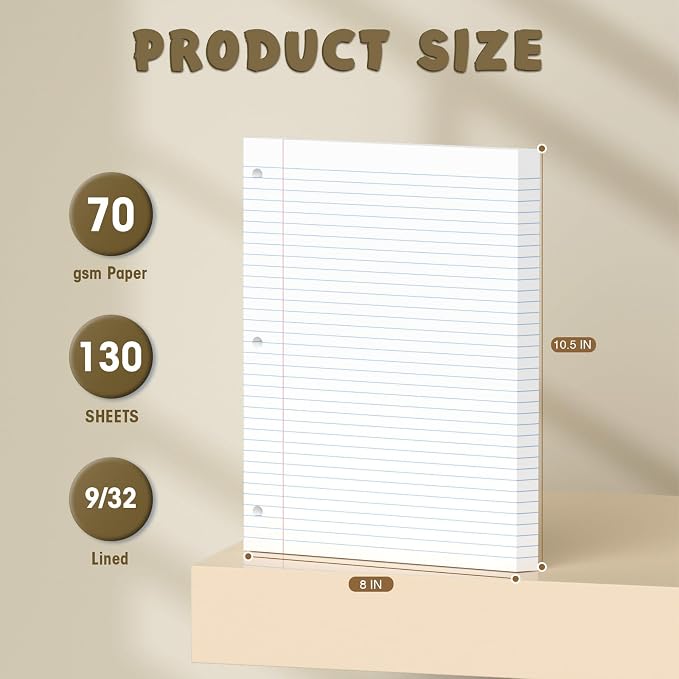 130 Sheets White 8x10.5 Inch Loose Leaf Paper, College Ruled Filler Paper, 3 Hole Punched Notebook Paper for 3 Ring Binder, Premium Notebooks Paper for Students & Teachers, Office & School Supplies