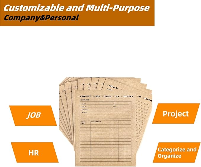 Heavy-Duty Kraft File Folders - 2-Pocket Pre-Printed Multi-Purpose Organizer with Fill-in Blanks & 5-Column Tracking Log | Job/Project/HR/Files | 9.4"x11.5" Pack of 4
