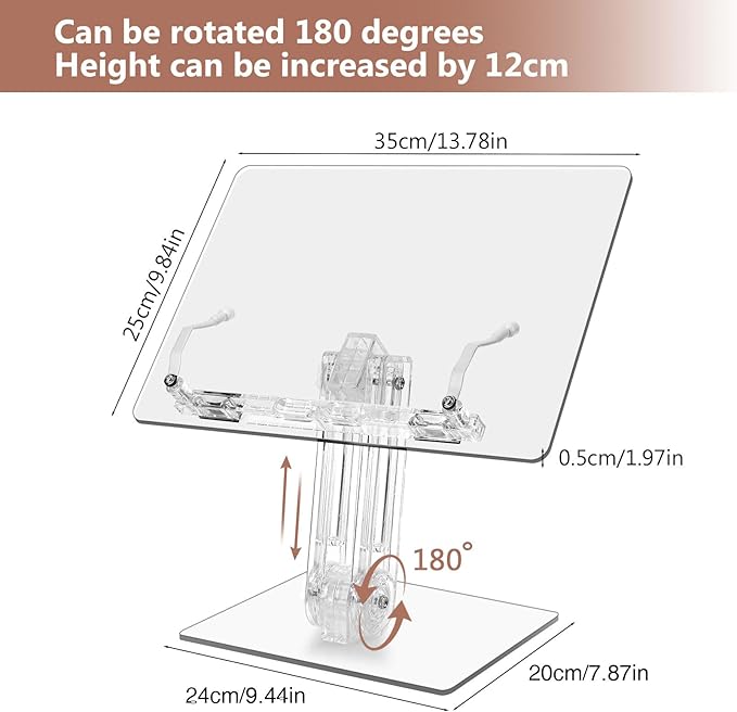 Acrylic Book Stand for Reading, Adjustable Foldable Book Holder with 180° Rotating Base & Page Clips, Portable Transparent Tablet Holder for Cookbook, Laptop, Tablet, Music Scores, Recipe, Textbook