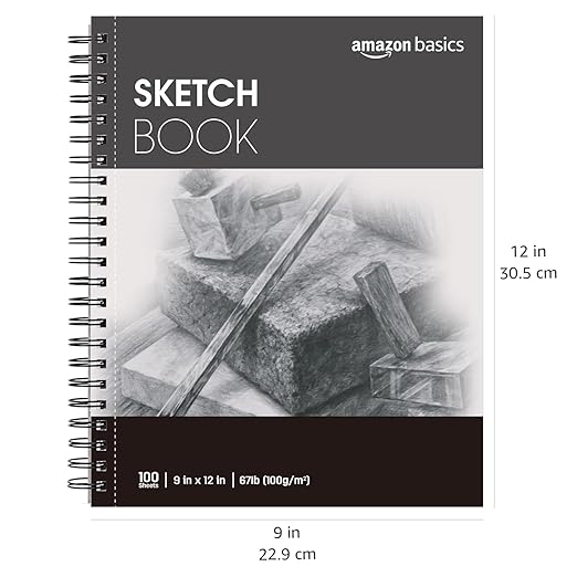 Amazon Basics Sketch Book for Artists, Spiral Bound with Perforated Pages, 67 lb. / 100 gsm, 100 Sheets, 9"x12", White