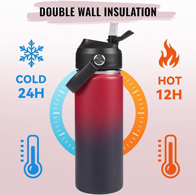 Fijinhom 18oz Insulated Stainless Steel Water Bottle, Wide Mouth Double Wall Vacuum, Silicone Straw, Sweat & Leak Proof, BPA Free Insulated Water Flask for Travel, Keep Cold 24h Hot 12h, Red