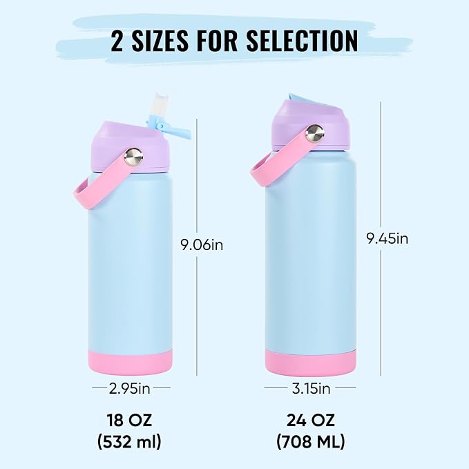Fijinhom 24oz Insulated Stainless Steel Water Bottle, Wide Mouth Double Wall Vacuum, Silicone Straw, Sweat & Leak Proof, BPA Free Insulated Water Flask for Travel, Keep Cold 24h Hot 12h, Light Purple