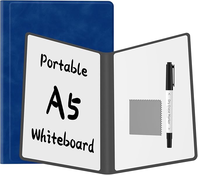 Portable Dry Erase Board,Reusable Whiteboard Notebook, Double-Sided White Board PU Cover 9.5"x6.6" with Marker,Wipe Cloth (Sapphire Blue)