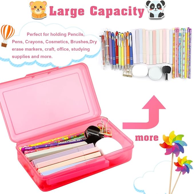 Pencil Box, Plastic Clear Pencil Case, 1 Pack Large Capacity Hard Pencil Case, Clear Crayon Box with Snap-tight Lid Stackable Design, Plastic Storage Box for Office Supplies, Pink Style 2