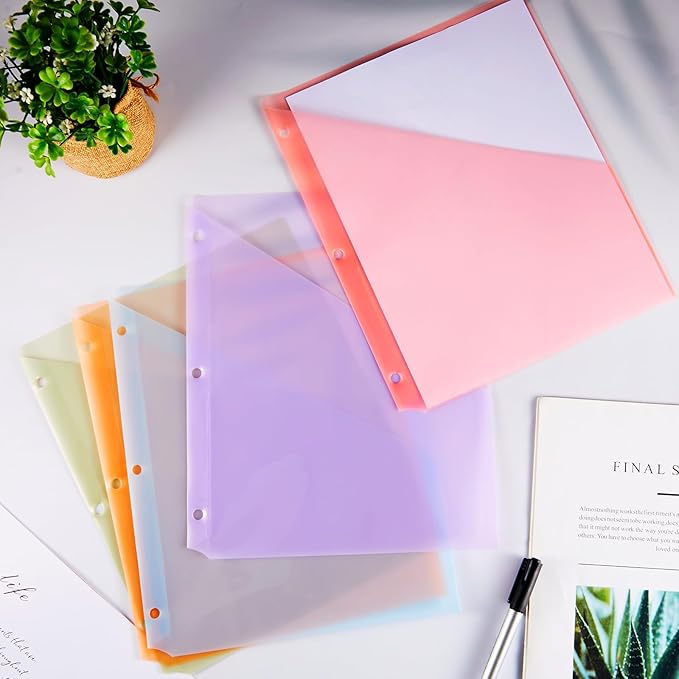Maitys 5 Pack Binder Pockets 3 Hole Punch Clear Plastic Document Folders Binder Organizer Store Letter Size 8.5 x 11 Inch Paper Folders with Pockets Slash File Jacket for Office(Pastel Colors)