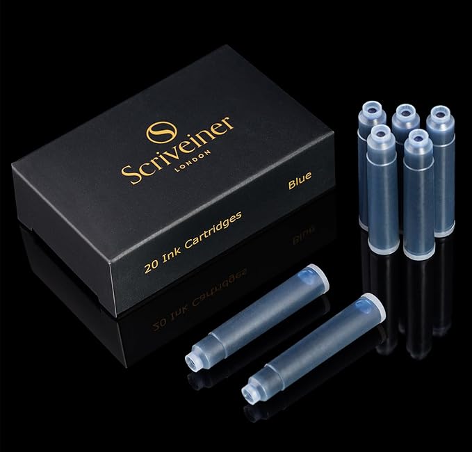 Scriveiner Fountain Pen Ink Cartridges - Blue - 20 Standard International Ink Cartridges, Made in UK, The Best Cartridge for Your Scriveiner Pen, Refill Size Fits A Wide Range of Fountain Pens