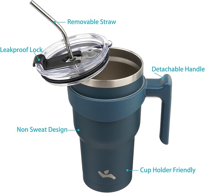 Konokyo 30 oz Tumbler with Handle and 2 Straw 2 Lid, Insulated Water Bottle Stainless Steel Vacuum Cup Reusable Travel Mug, Navy Blue