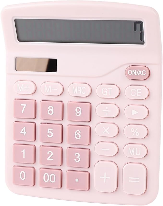 Fdit Solar Calculator, 12 Digit Portable Desktop Calculator with Solar Power and Light Textured Keys, for Students Teachers and Office Workers (Pink)