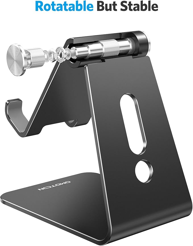 OMOTON Adjustable Cell Phone Stand, C2 Aluminum Desktop Phone Holder Dock Compatible with iPhone 15 14 13 Xs XR 8 Plus 7 6, Samsung Galaxy, Google Pixel, Android Phones, Black
