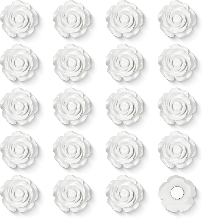 20 Pcs Rose Fridge Magnets, 1.1 Inch Cute Flower Fridge Magnets, 3D Colorful Refrigerator Decorative Magnet for Whiteboard Locker Cabinet (White-Rose)