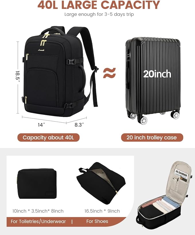 LOVEVOOK Carry On Travel Backpack For Women Flight Approved, 40L Personal Item Backpack Flight Approved, TSA Travel Bag Fit 17 Inch Laptop, Business Weekender Overnight Waterproof Daypack with 2 Cubes