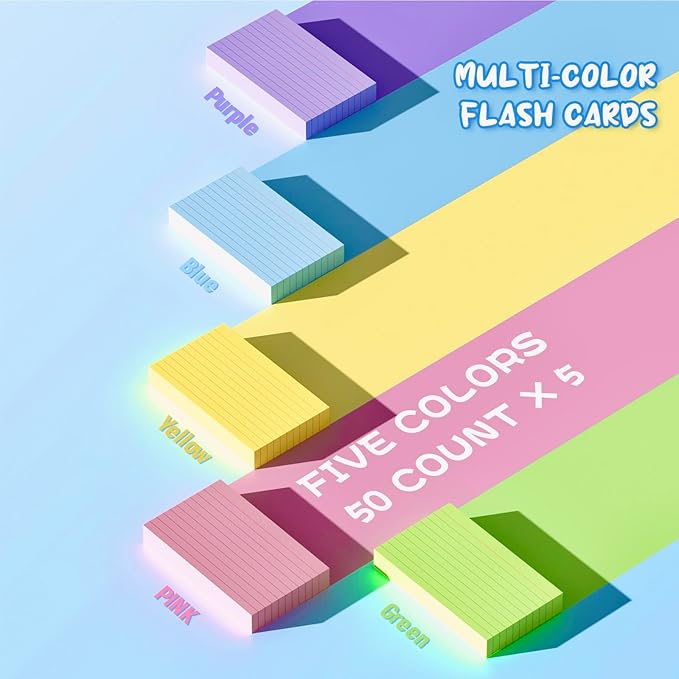 Colored Index Cards 3x5, 250 Count Colored NoteCards 3x5, 5 Colors Flash Cards for Studying, 50 Sheets Per Color Lined Index Cards Ruled, Notecards 3 x 5 Lined for Office, School, and Home Supplies