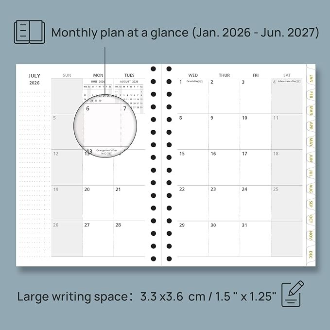 POPRUN Monthly Planner 2026-2027 Spiral Hardcover (6.25'' x 8.5''), 18 Months Calendar (Jan.2026-Jun.2027) - 2 Pages per Month with Dotted Note Pages, Sunday Start, Laminated Tab - Light Pink