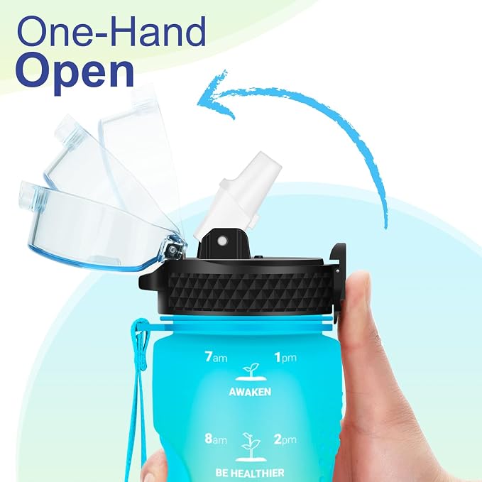 24 OZ Motivational Kids Water Bottle With Time Marker,Straw Lid,Leak Proof, Tritan BPA Free Sports Water Bottle Blue-Yellow(1 Lid)