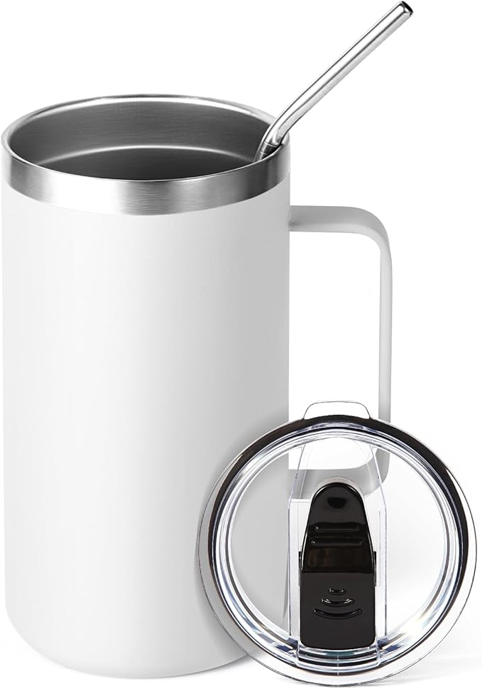 Volhoply 22oz Insulated Stainless Steel Coffee Mug with Leakproof Lid,Double Wall Vacuum Travel Coffee Cup with Handle,Reusable Metal Tumbler,Camping Mugs Keep Hot&Cold(White,1)