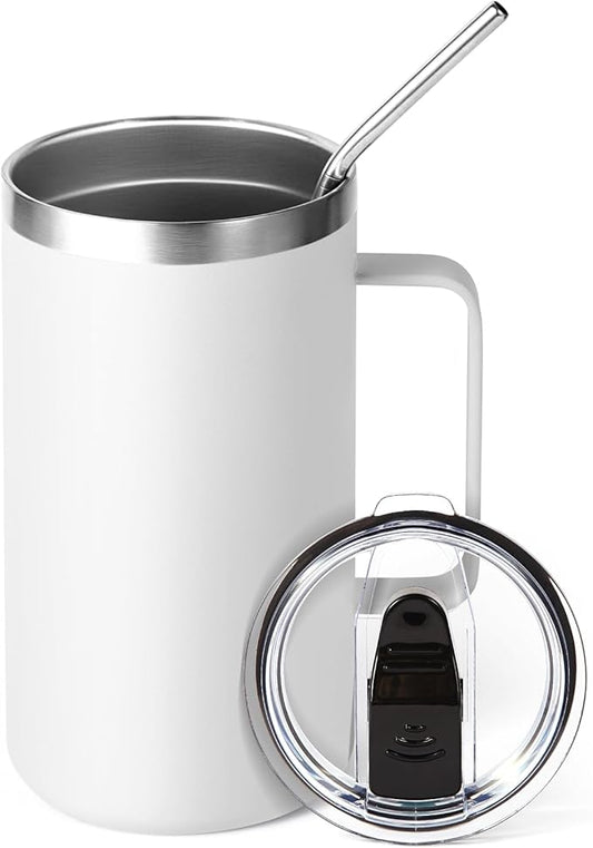 Volhoply 22oz Insulated Stainless Steel Coffee Mug with Leakproof Lid,Double Wall Vacuum Travel Coffee Cup with Handle,Reusable Metal Tumbler,Camping Mugs Keep Hot&Cold(White,1)