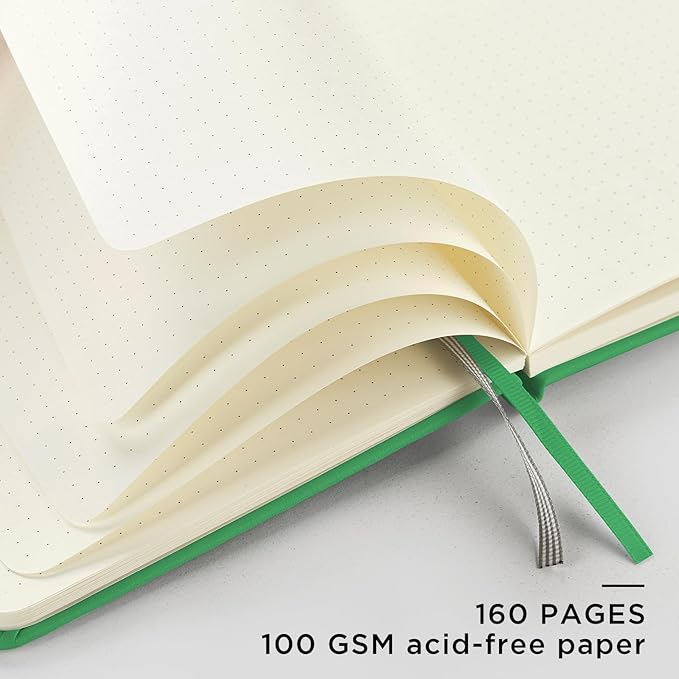&And Per Se Dotted Journal Notebook, A5 Hardcover Leather Dotted Journal, 160 Pages 100gsm Thick Dot Grid Paper, 3 Sheets of Stickers Included - 5.7'' x 8'' (Emerald)