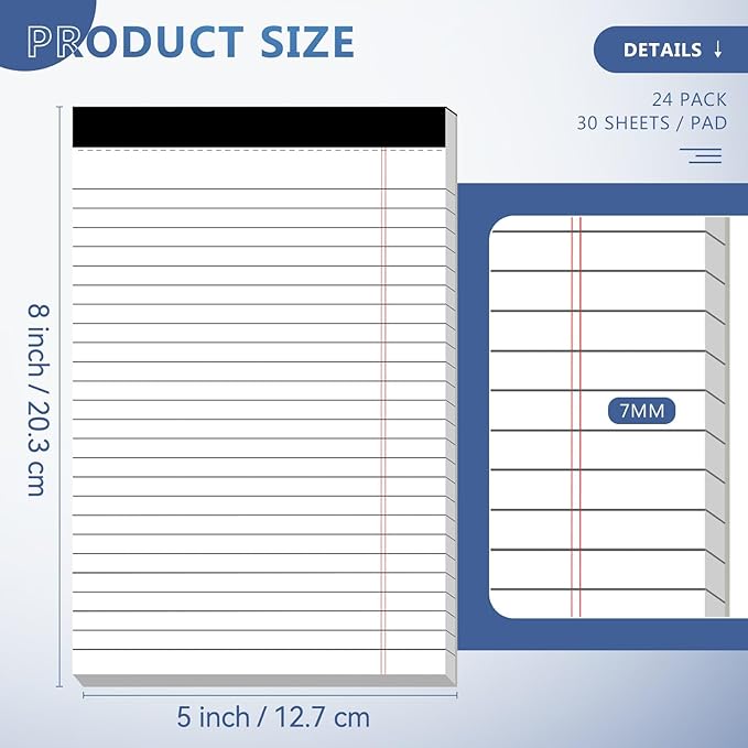 Nichela 24 Pack of Note Pads 5" x 8" Legal Pads 30 Sheets Notepad College Ruled Small Writing Pads Perforated Pages Paper Pads 80GSM Heavyweight Paper Note Pads for Home, Office, or School