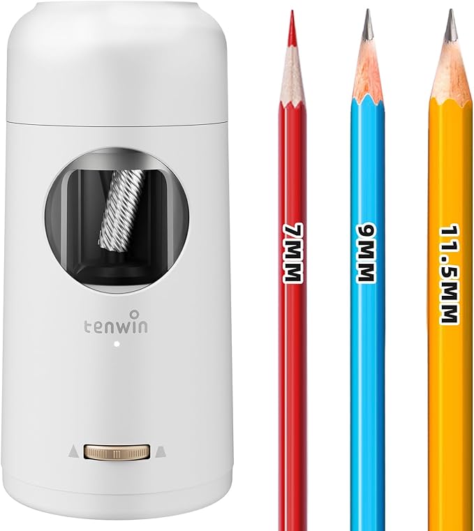 tenwin Rechargeable Electric Pencil Sharpener, Fully Automatic Pencil Sharpener for 7-11.5mm Jumbo Pencils, Hands-Free Sharpener for Colored Pencils, Auto in&Out, Adjustable Pencil Nibs, Silver