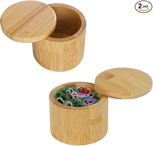 MultiBey 2 Pack Bamboo Paper Clip Holder with Swivel Lid – Natural Wood Desk Organizer for Paper Clips, Binder Clips | Wooden Paper Clip Dispenser Organizer Holder for Desk Office Supply Storage