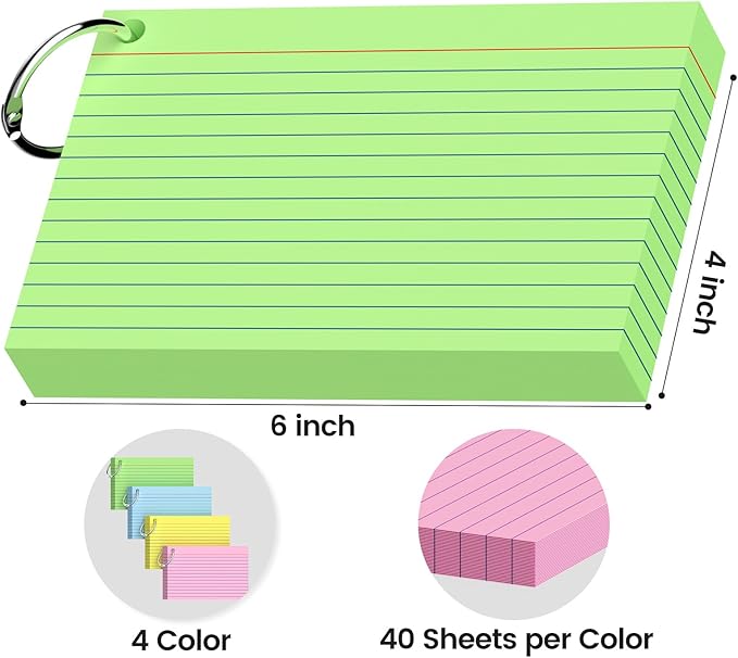 160-Pack Colored Index Cards 4x6 Inch w/Key Ring – 180gsm Heavyweight Flashcards – 4 Vibrant Colors Flash Cards (Pink Blue Green Yellow) Perfect for Study, Notes & Memory, Students School Supplies