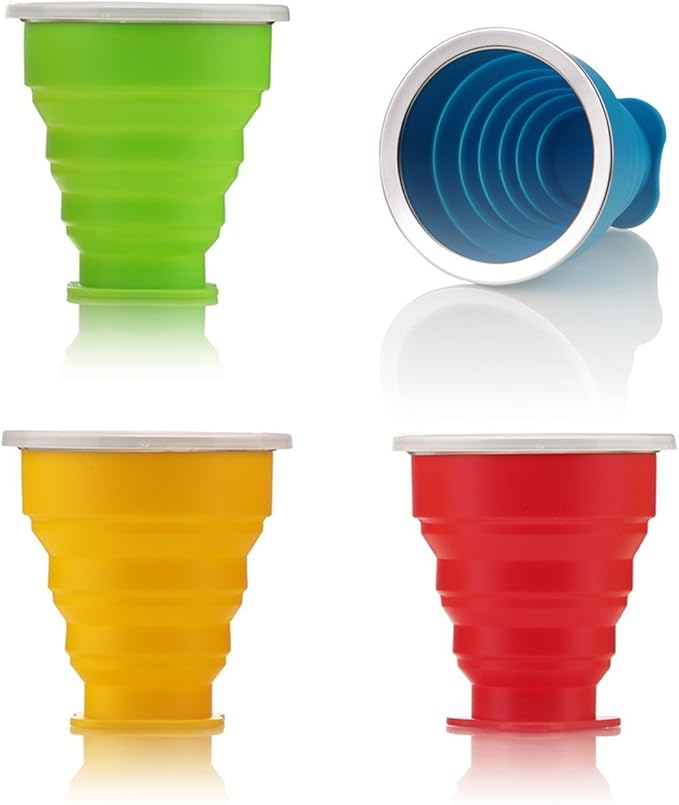 3-Pack Assorted TouchOf COLLAPSIBLE TRAVEL CUP, Genuine 7oz Drinking Mug with Lid, BPA Free Silicone, Water, Coffee, Tea Hot or Cold for Hiking, Camping, Picnic & Work Lightweight Easy to Store