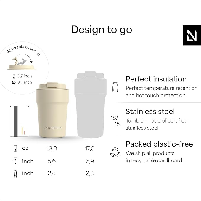 LARS NYSØM Thermo Coffee Mug to go 13oz | Travel Mug 0.38 Liter with Insulation | Leak Proof Stainless Steel Thermal Tumbler for Coffee and Tea on the Go (Stainless Steel, 12.9oz)